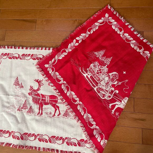 Vintage Santa Claus Sleigh & Reindeer Christmas Table Runner Hand Woven Tapestry - Picture 6 of 9